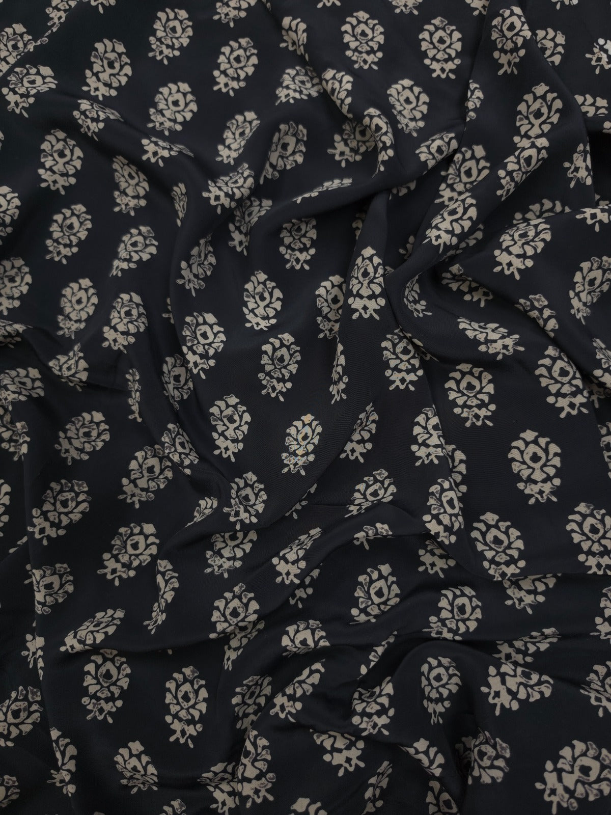 Premium Black Ivory Ethnic Buti Print Crepe Fabric 60 Inch Width