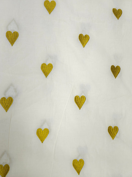 White Mustard Heart Embroidery Cotton Fabric | 44 Inch Width
