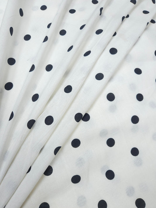 White Pure Linen Fabric with Classic Black Polka Dots