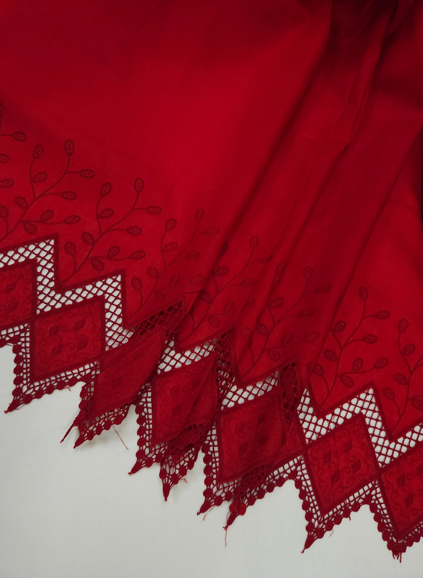 Ruby Red Border Embroidery Cotton Fabric | 44 Inch Width