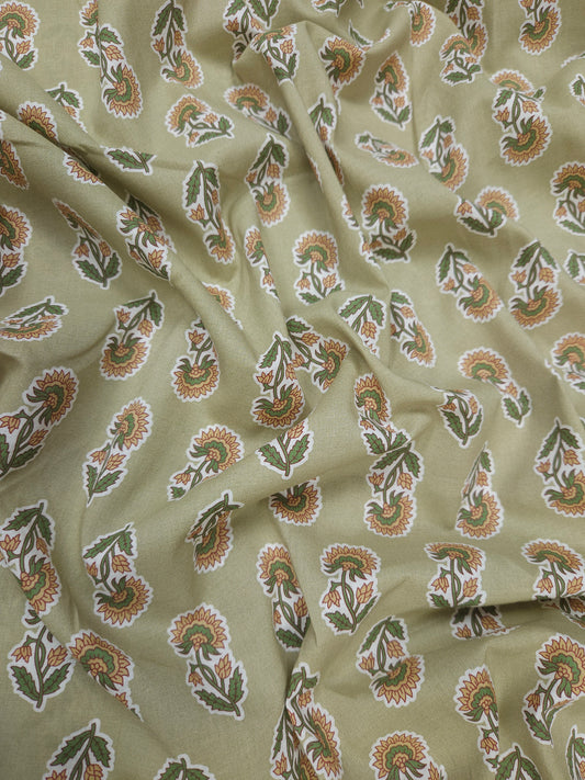 Olive Green Floral Print Cambric Cotton Fabric | 60 Inch Width
