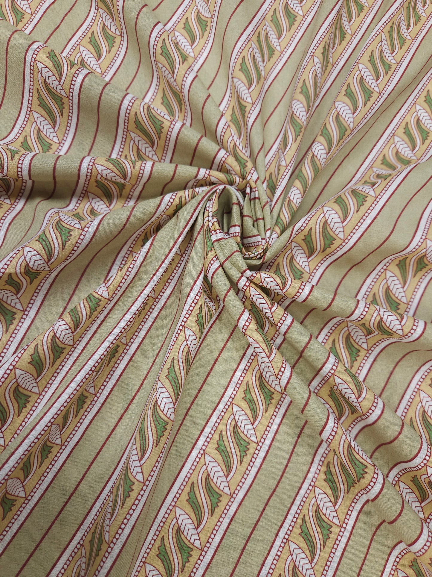 Olive Green Stripe Print Cambric Cotton Fabric | 60 Inch Width