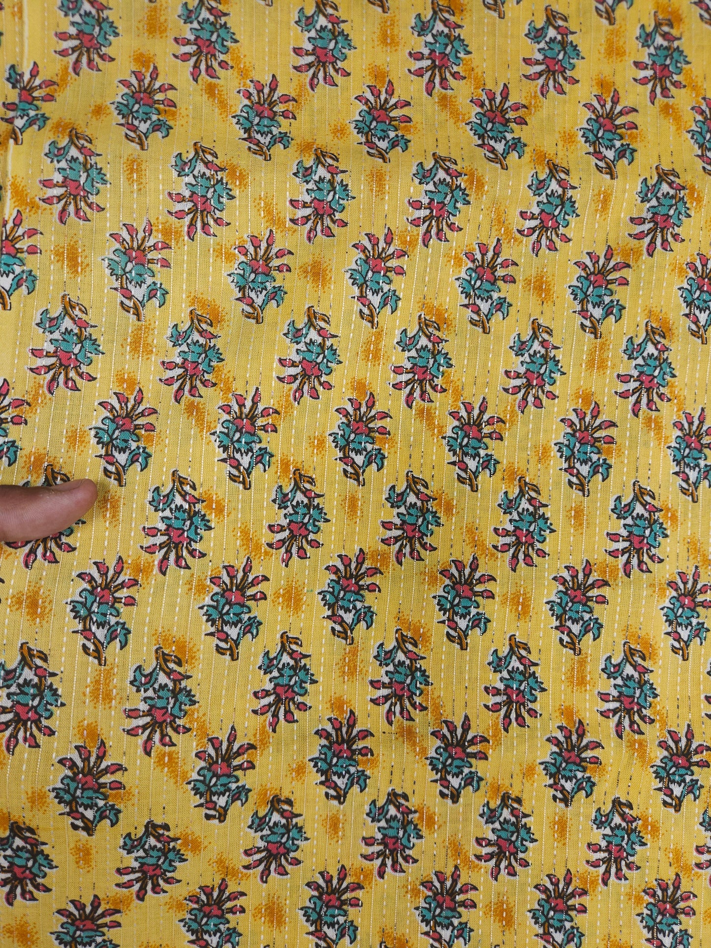 mustard Ethnic Floral Print With Kantha Cotton Cambric
