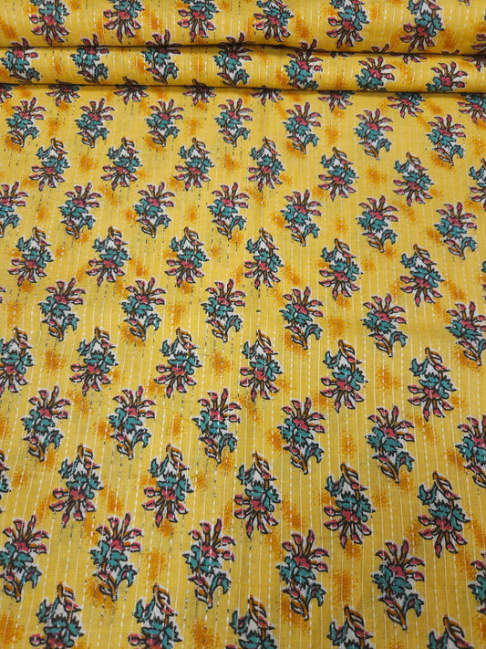 mustard Ethnic Floral Print With Kantha Cotton Cambric
