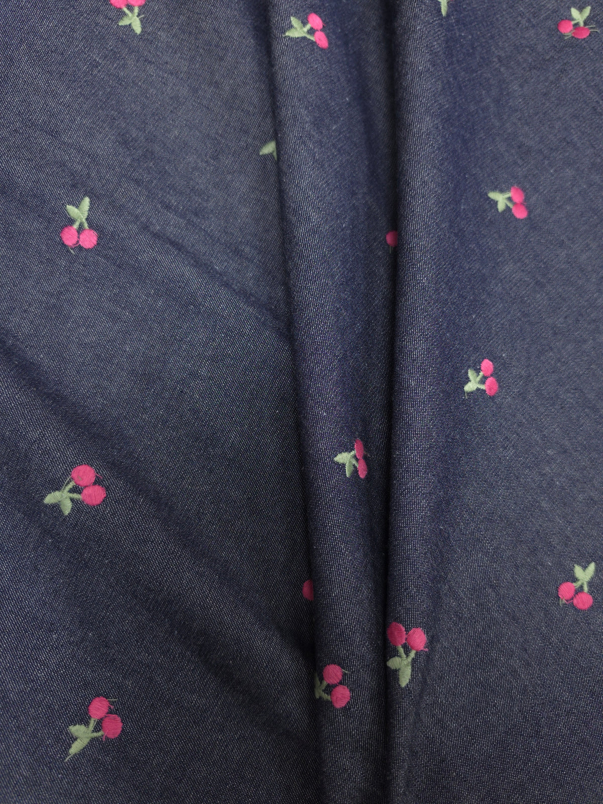 Navy Blue Cotton Denim Fabric with Cherry Embroidery