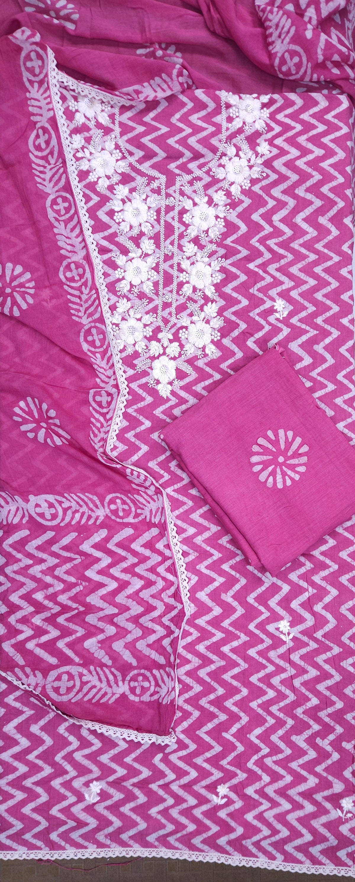 Rani Pink Mul Cotton Handwork Semi-stitched Suit Set with Dupatta| 3 Piece Suit Set