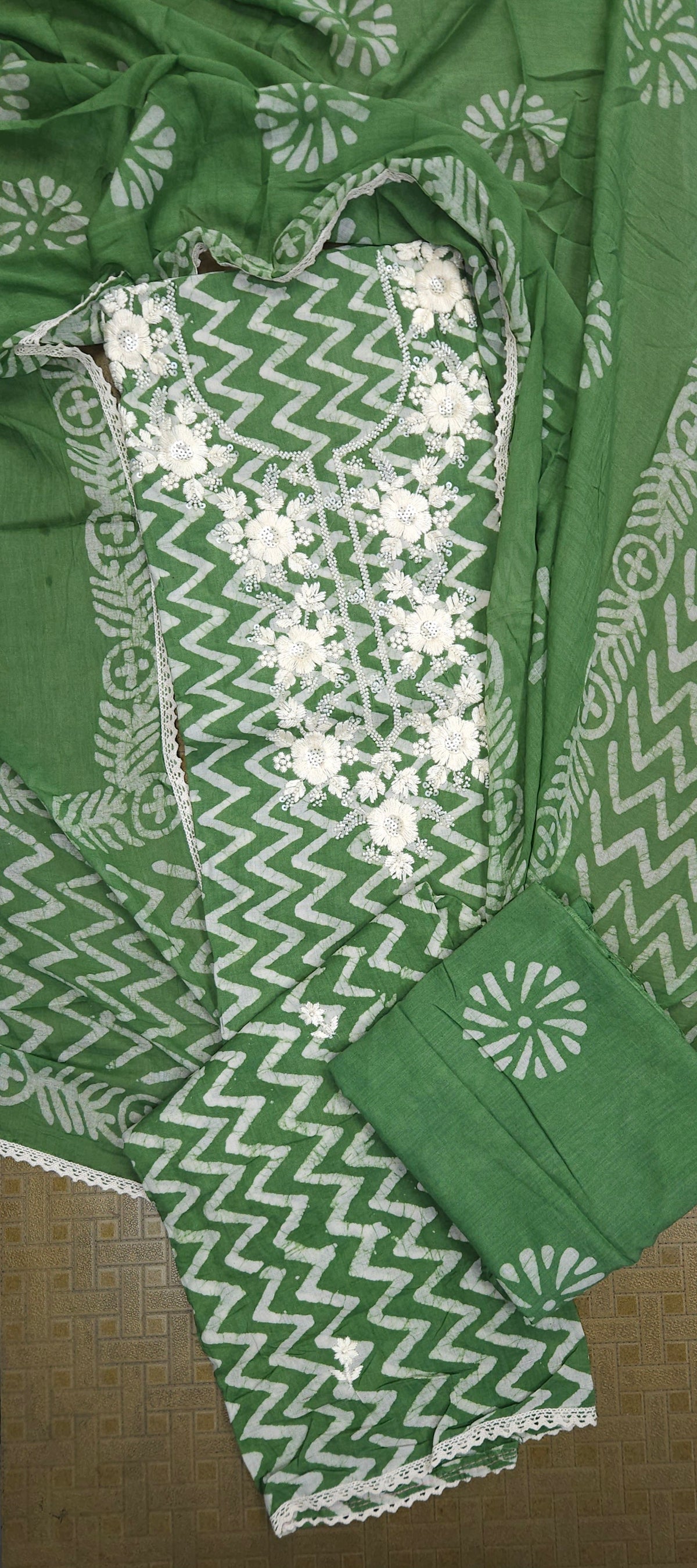 Green Mul Cotton Handwork Semi-stitched Suit Set with Dupatta| 3 Piece Suit Set