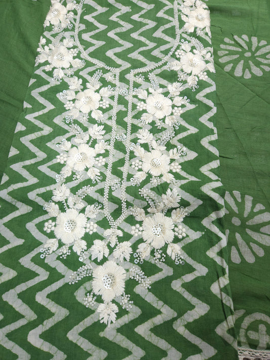 Green Mul Cotton Handwork Semi-stitched Suit Set with Dupatta| 3 Piece Suit Set