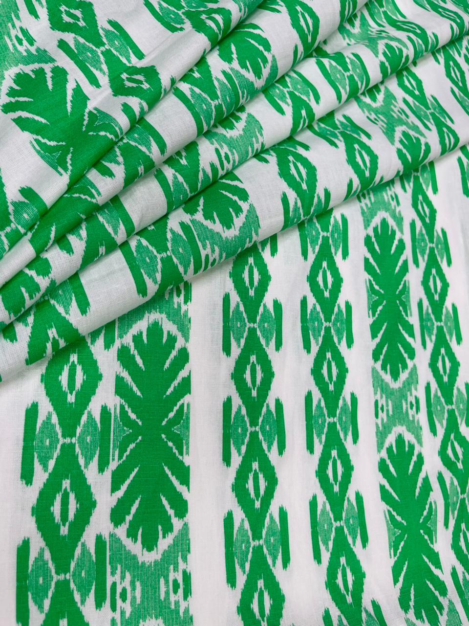 Green Ikat Print Pure Cotton Fabric
