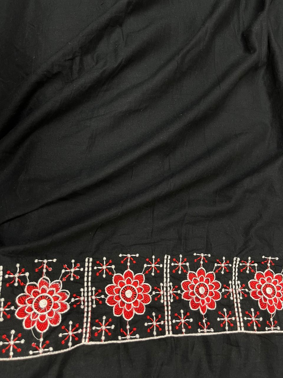 Black Red Floral Border Chicken Cotton Fabric