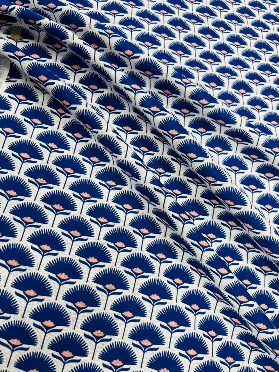 Blue Fan-Shaped Floral Pattern Cotton Poplin