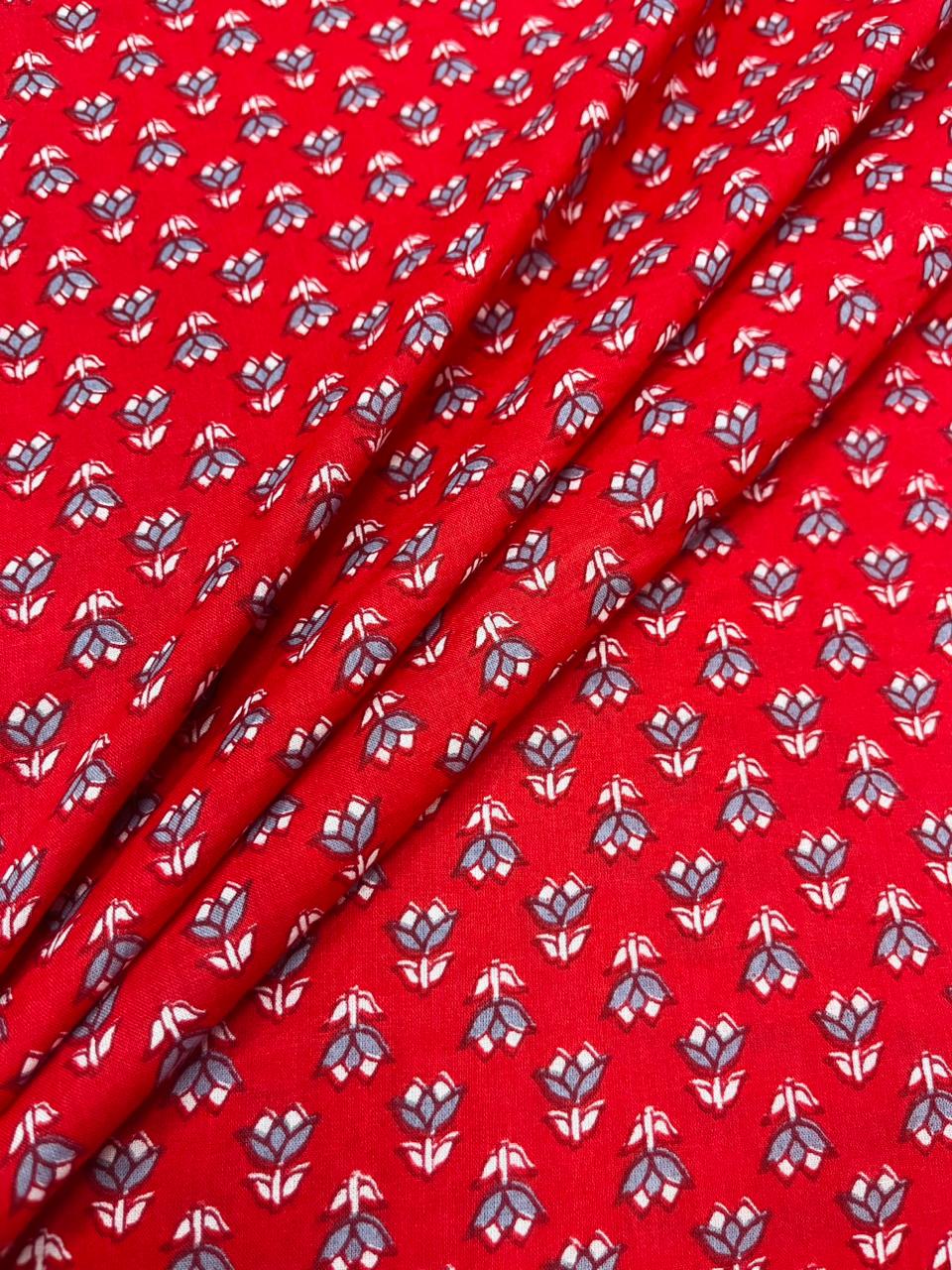 Red Tiny Tulip Print Cambric Cotton