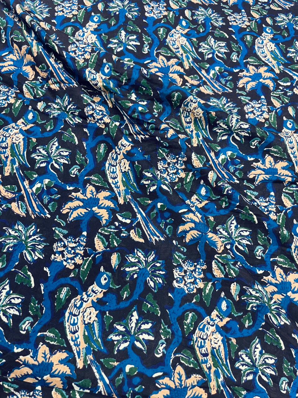 Indigo Jungle Bird Print Pure Cotton Fabric