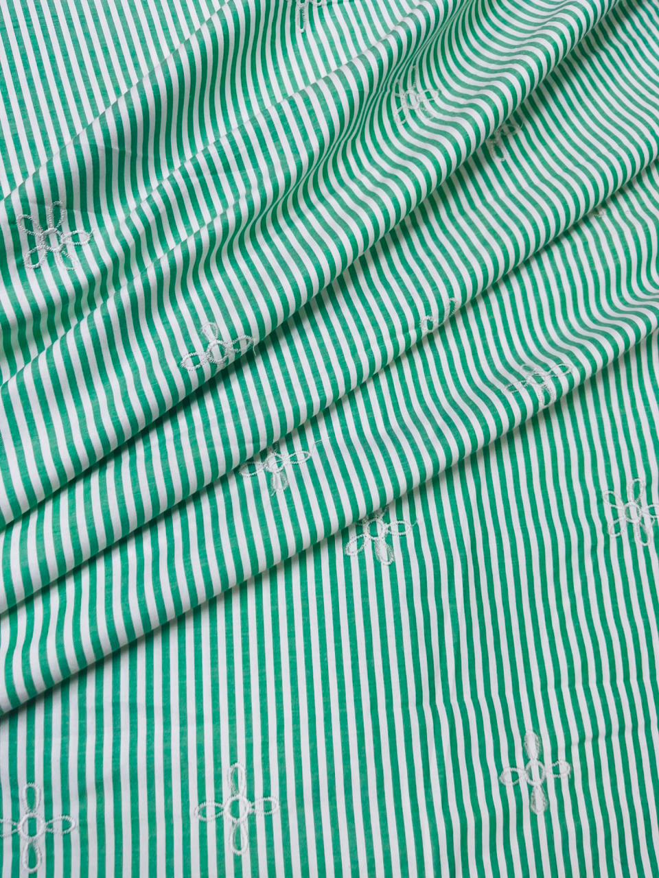 Green Stripe Embroidered Cotton Fabric