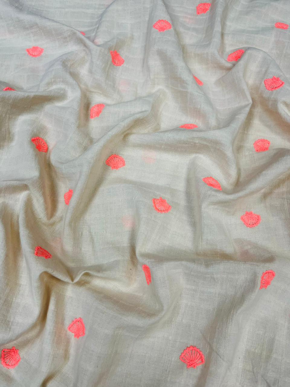 Ivory Coral Embroidered Cotton Fabric