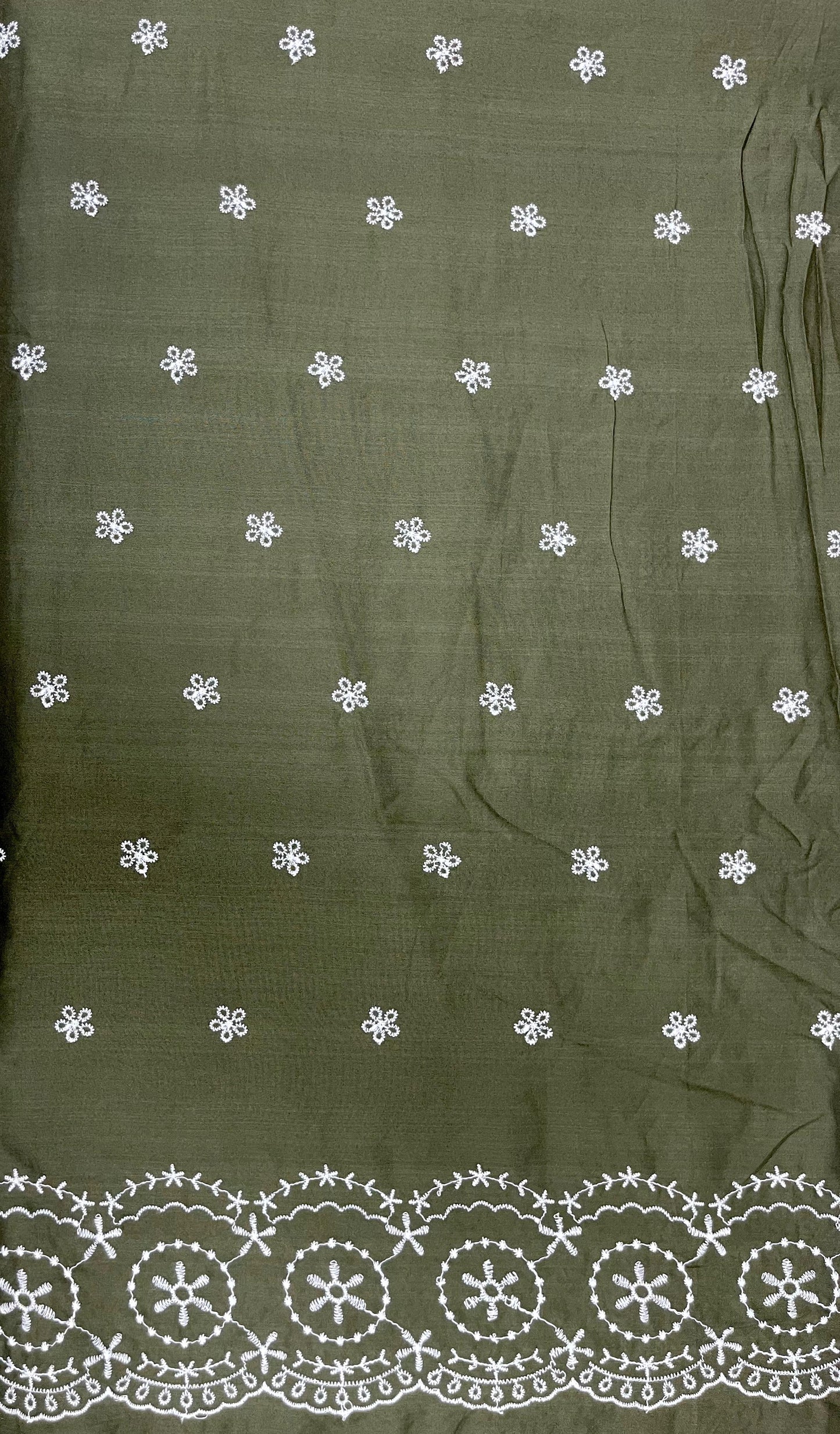 Olive Green Cotton Schiffli Border Embroidered Fabric