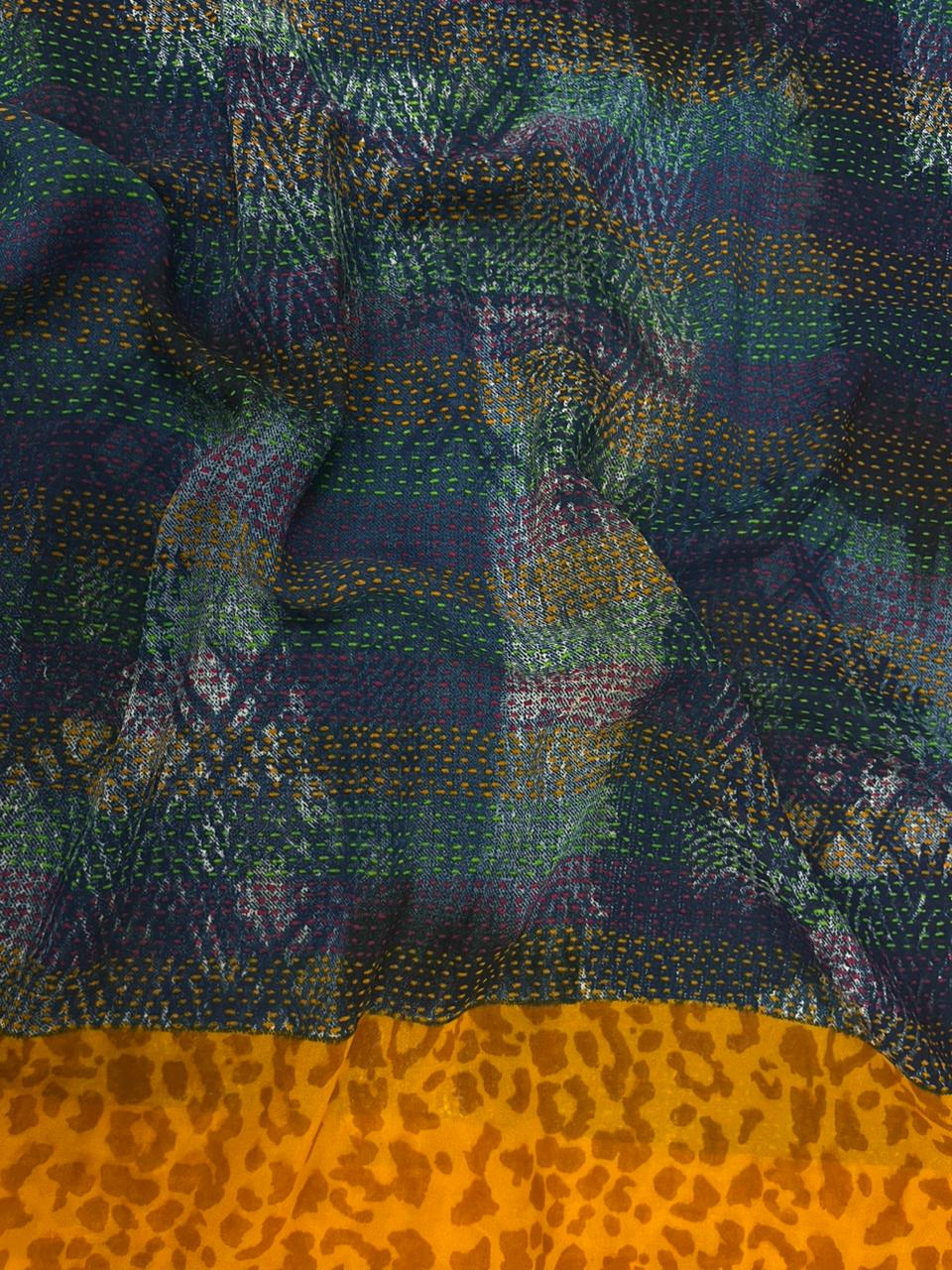 Teal Mustard Printed Poly Georgette Fabric