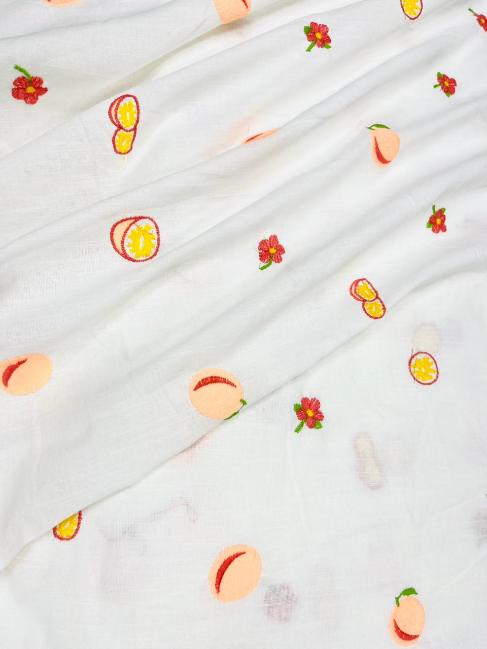 Ivory Floral Fruit Printed Linen Fabric