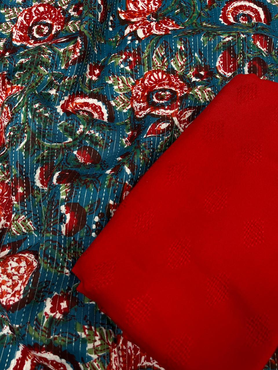 Deep Teal Vintage Floral Cotton Suit