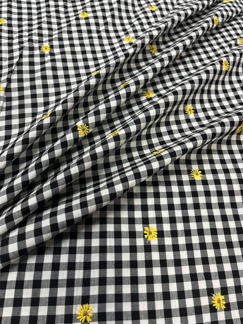 Black Check Embroidered Cotton Fabric