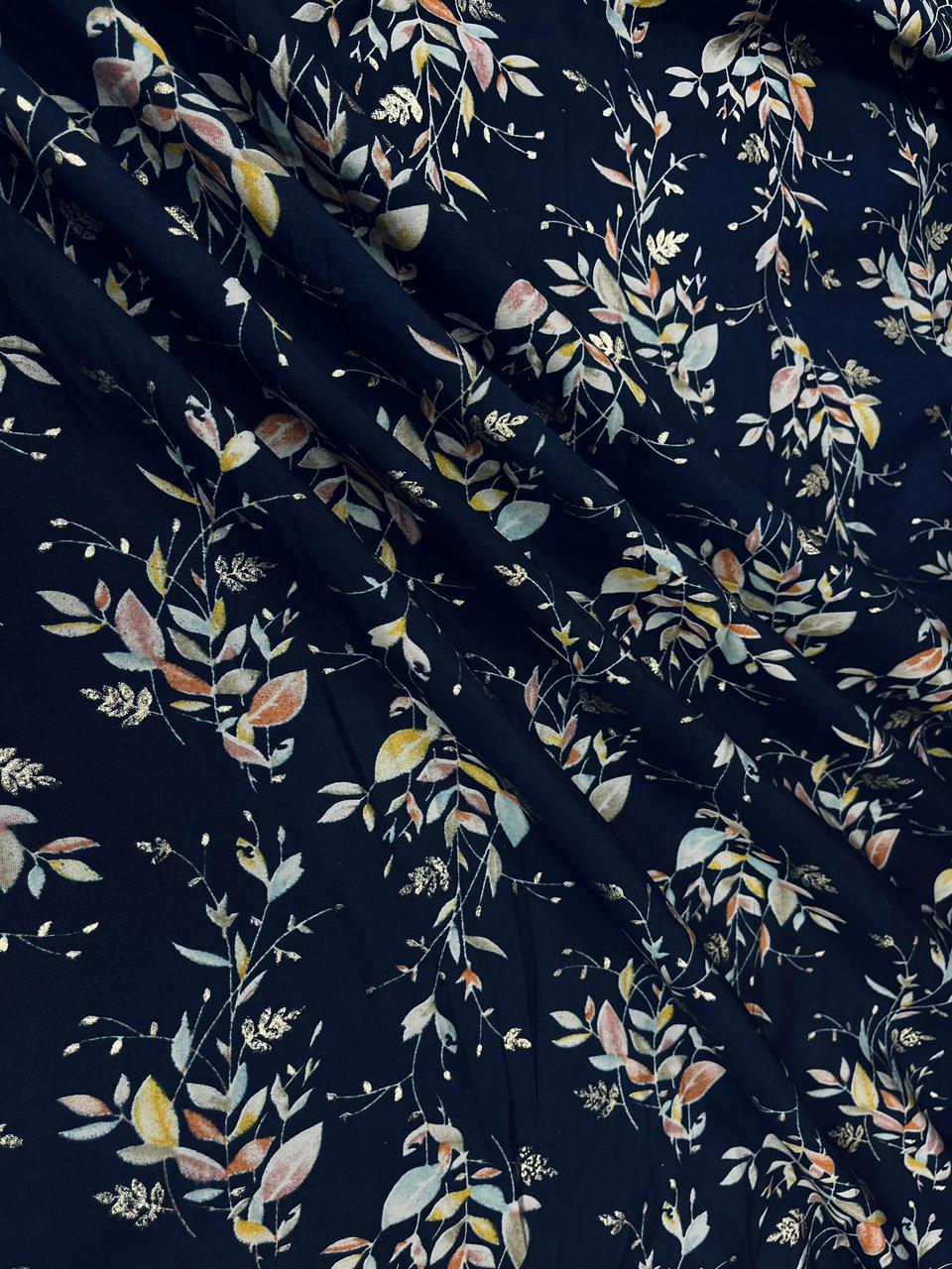Navy Blue Leaf Print Muslin Fabric