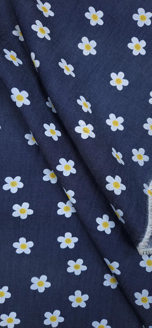 Blue Floral Daisy Cotton Denim Fabric