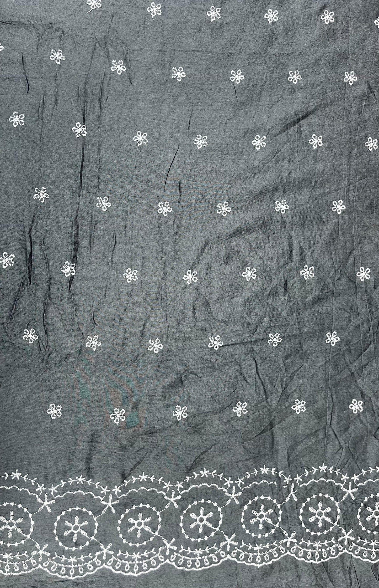 Ash Grey Cotton Schiffli Border Embroidered Fabric