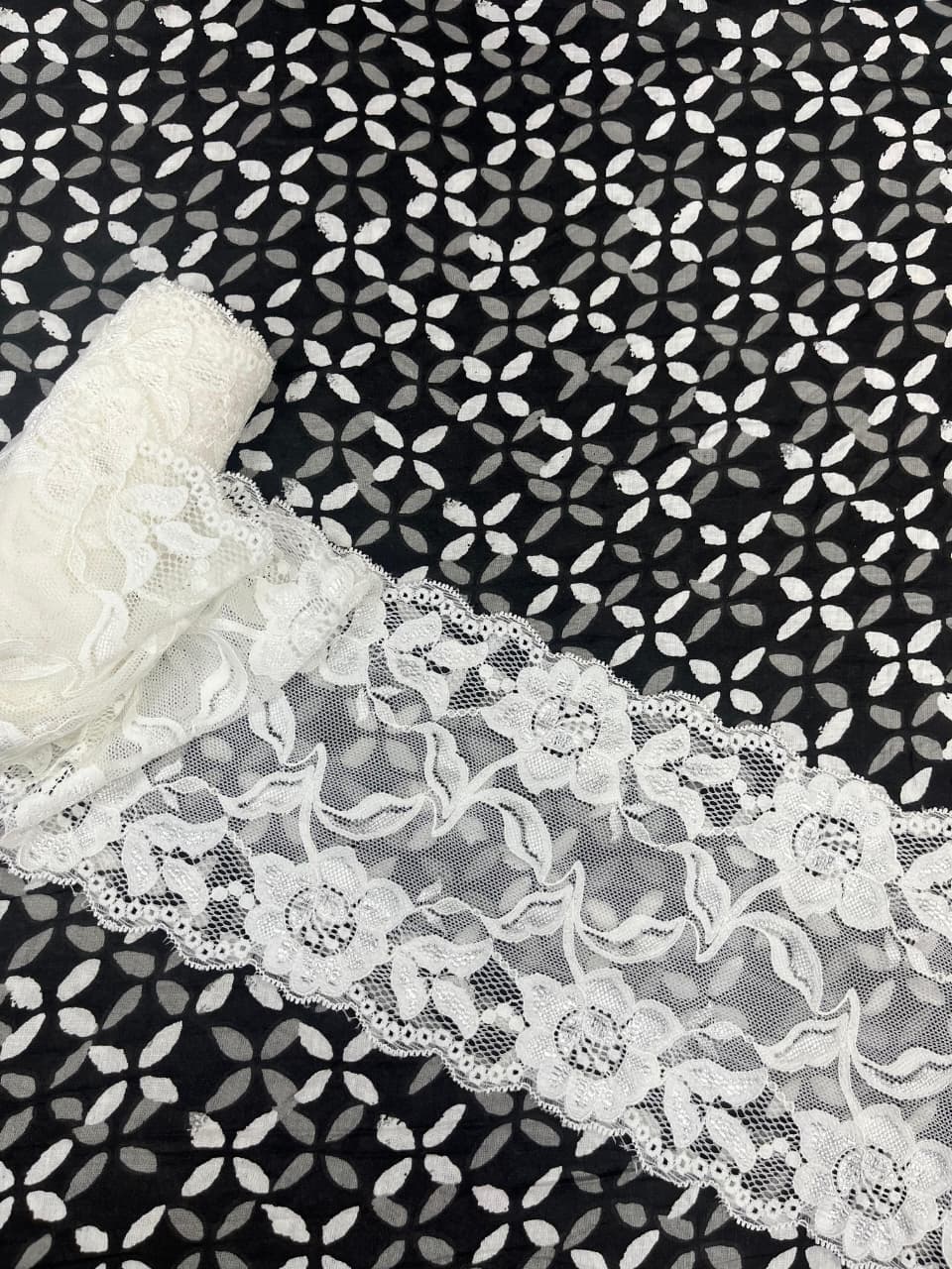Black Floral Cotton Suit with Premium Lace