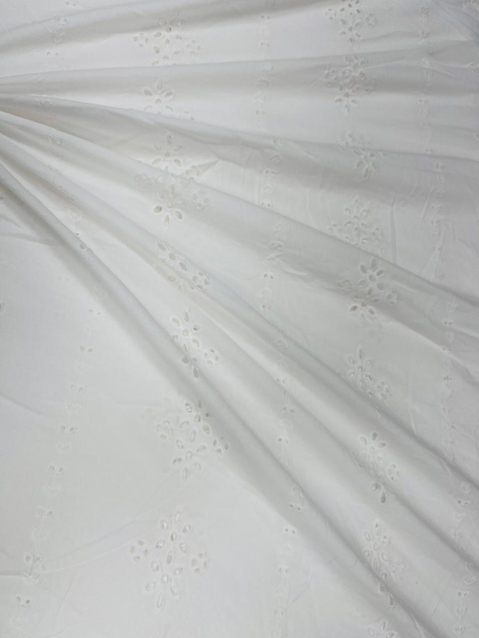 Pure White Schiffli Floral Hakoba Cotton Fabric