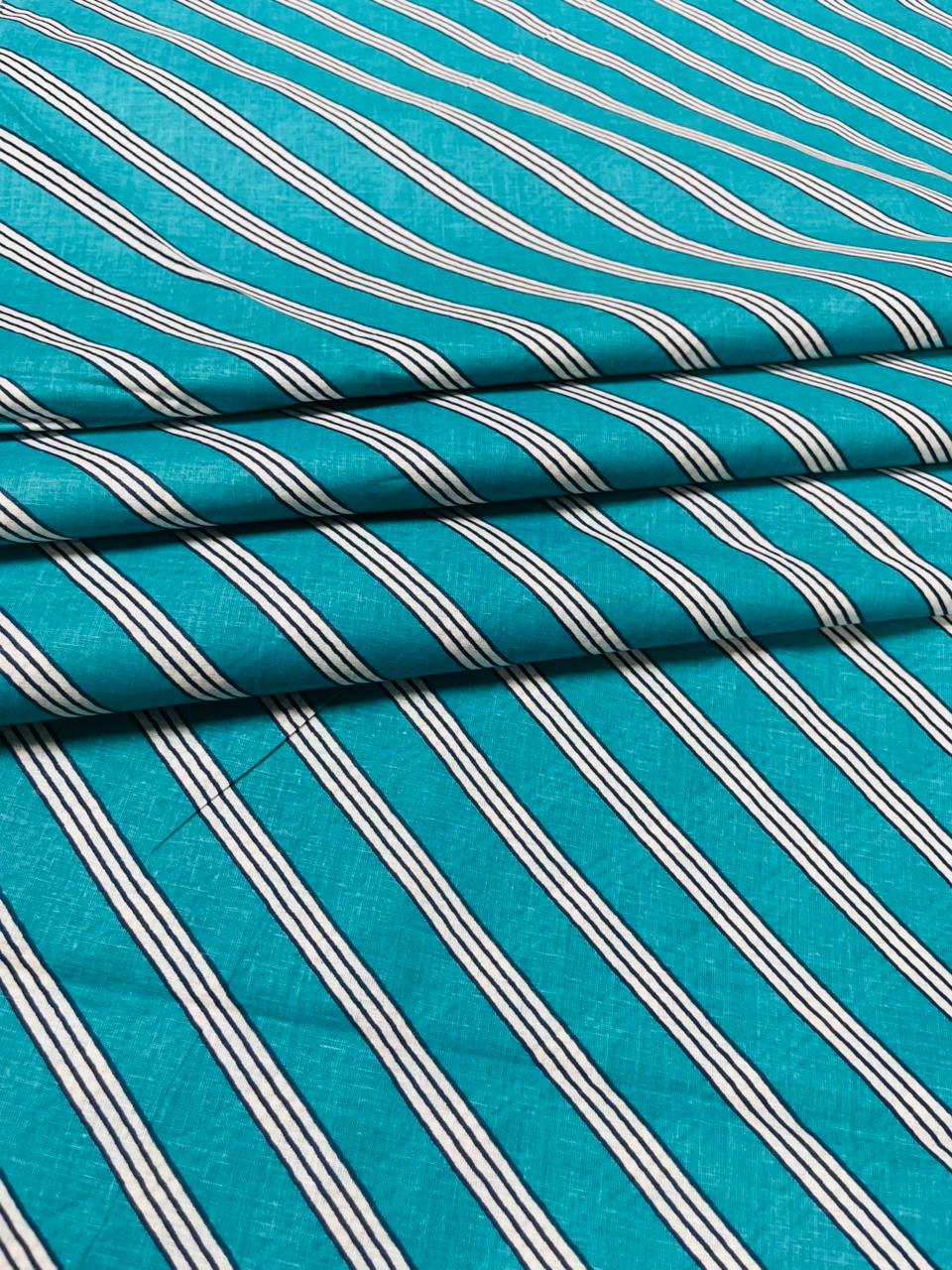 Teal Blue Stripe Pure Cotton Fabric