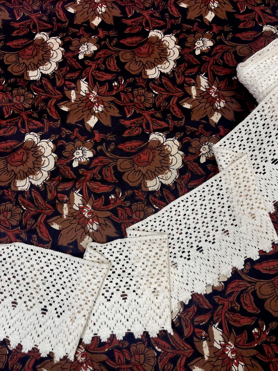 Rust Garden Floral Cotton Suit with Crochet Lace
