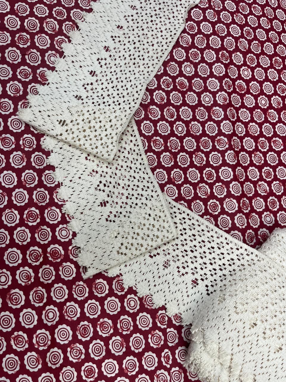 Rust Circle Print Cotton Suit with Crochet Lace
