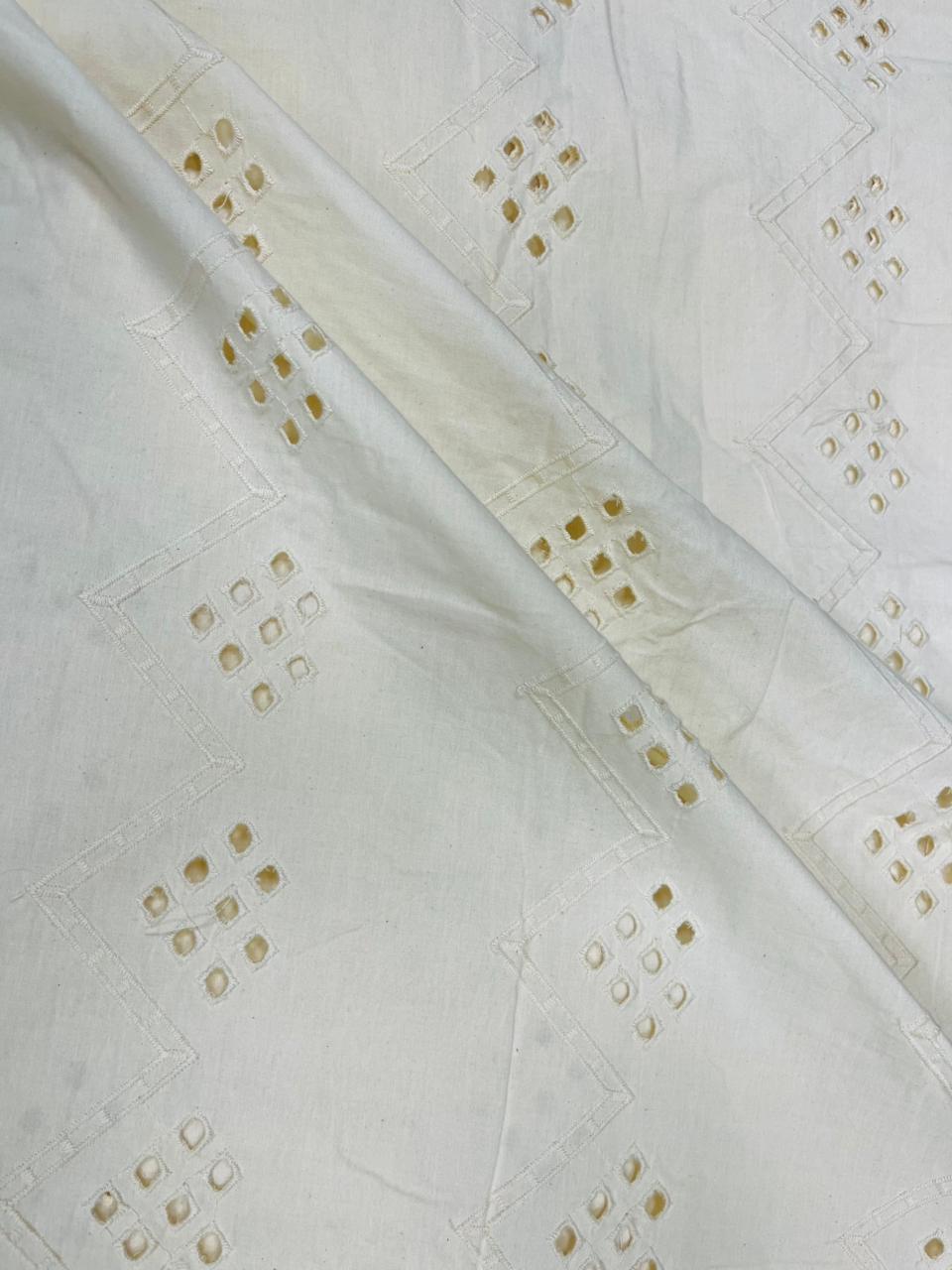 Ivory Geometric Embroidered Hakoba Schiffli Cotton Fabric