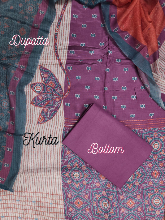 Mulberry Teal Heritage Cotton Suit Fabric Set with Cotton Muslin Dupatta (3-Piece)