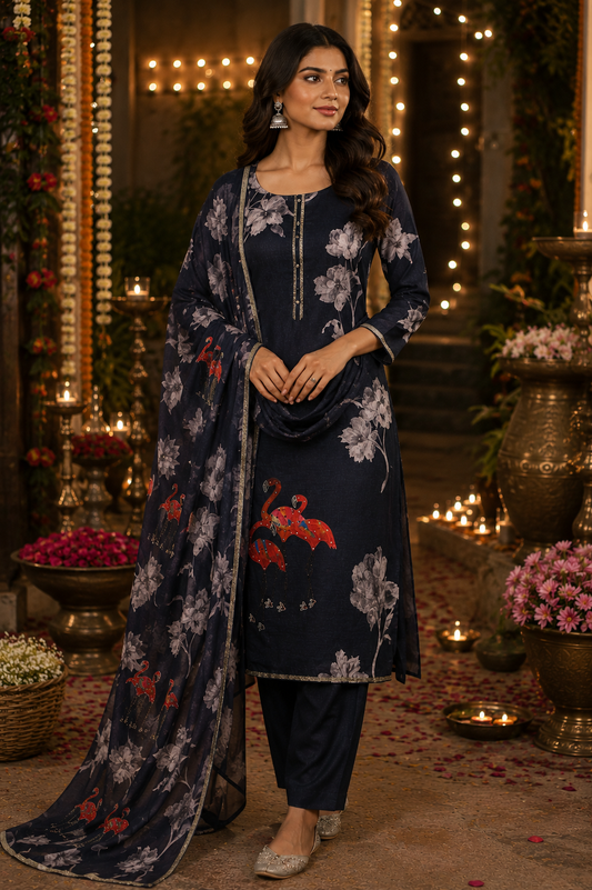 Black Linen Embroidered Flamingo Semi-stitched Suit Set with Cotton Bottom & Linen Dupatta | 3Piece Suit Set