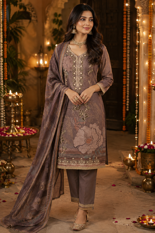 Brown Cotton Silk Embroidered Semi-stitched Suit Set with Organza Dupatta| 3 Piece Suit Set