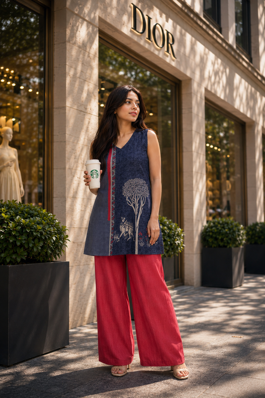 Indigo Cotton Printed Suit Set Fabric with Bottom | 2 types