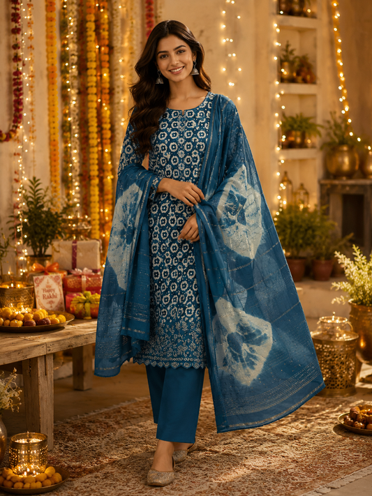 Teal Blue Cotton Bandhani Print Embroidered Suit Set with Muslin Dupatta