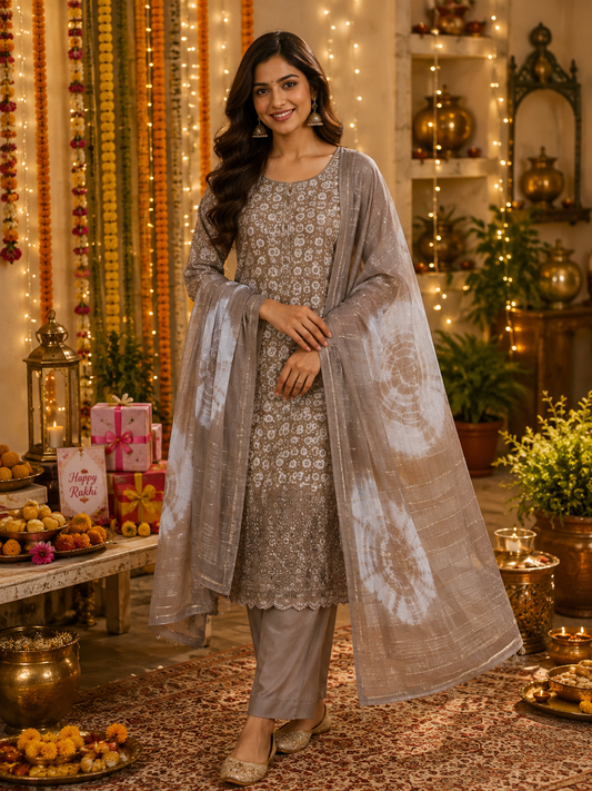 Beige Cotton Muslin Bandhani Print Embroidered Suit Set with Dupatta