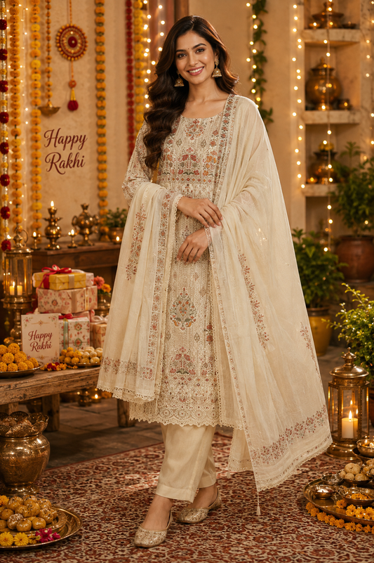 Georgette Embroidered Suit Set with Embroidered Border, Shantoon Bottom & Chiffon Dupatta