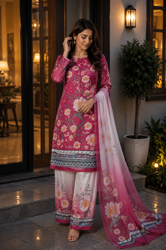 Pink Floral Armani Satin 3-Piece Farshi Salwar Suit with Digital Print Georgette Dupatta