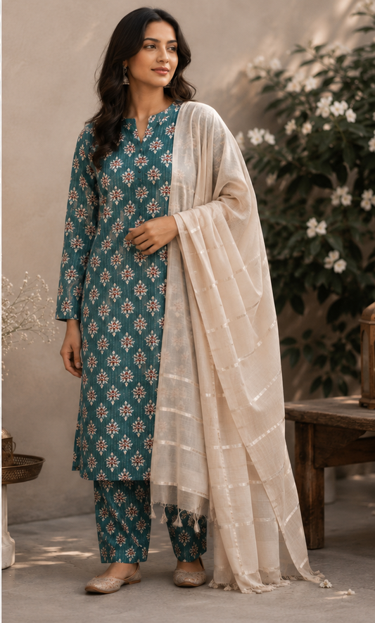 Teal Floral Modal Rayon Suit with Malmal Dupatta