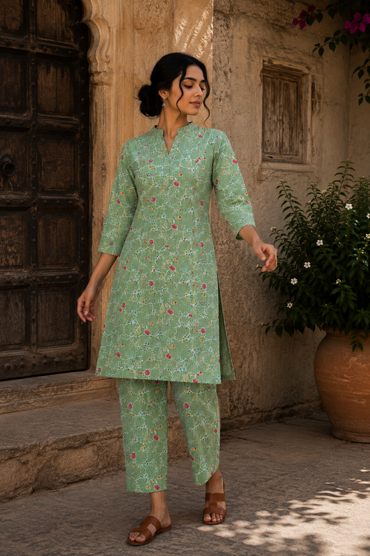 Sage Green Floral Vine Kantha Cambric Cotton