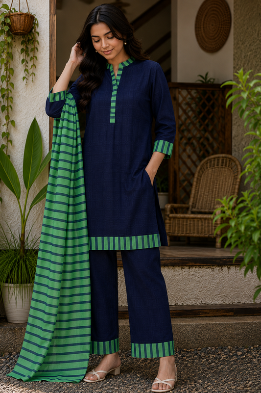 Dark Navy Modal Rayon Self Suit with Green Stripe Mal Cotton Dupatta