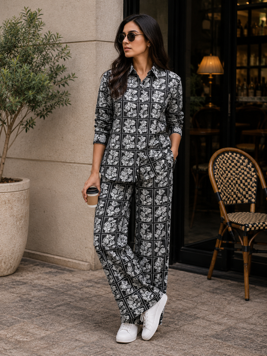 Black Rose Print Cotton Denim Fabric