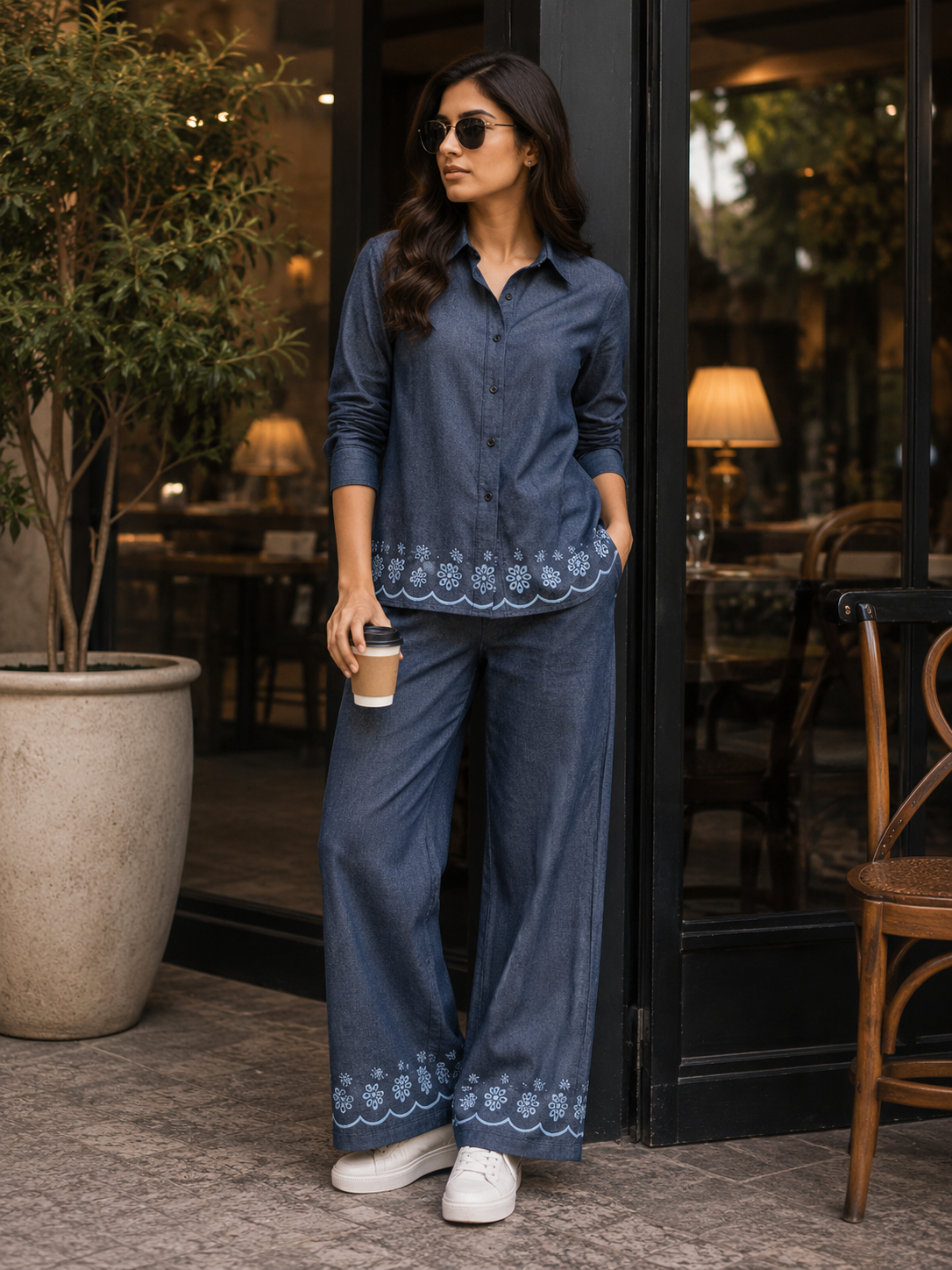 Blue Floral Border Heavy Embroidered Cotton Denim Fabric