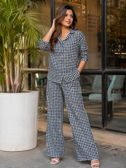 Black Check Embroidered Cotton Fabric