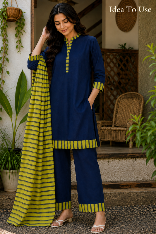 Citrus Elegance Rayon Suit Set With Lime Navy Stripe Mulmul Dupatta