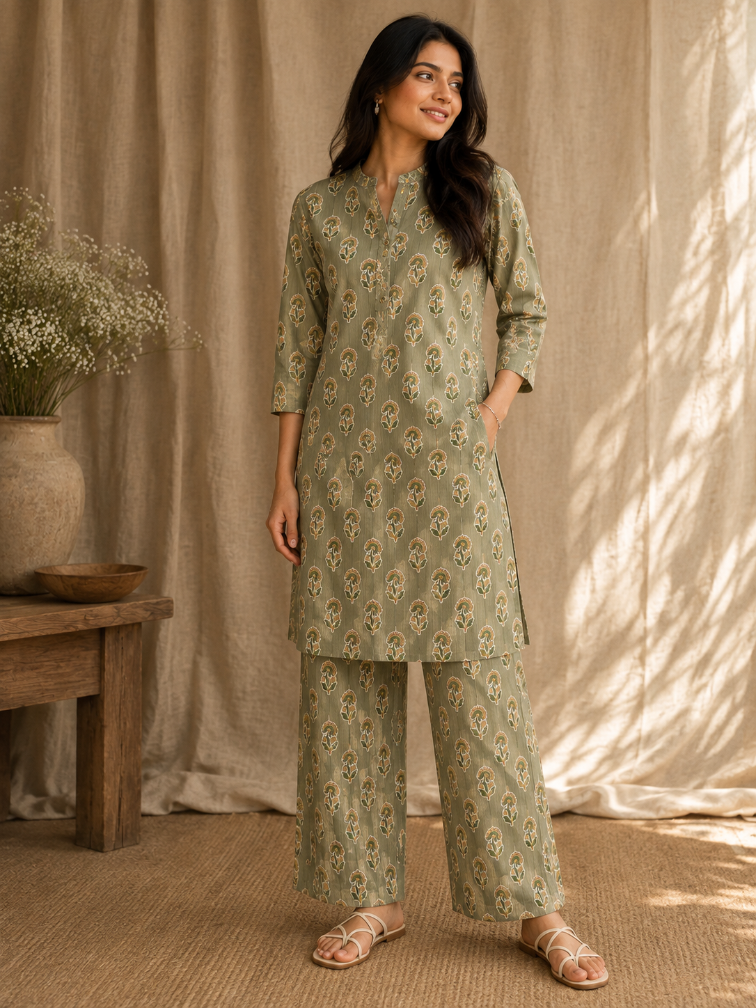 Designer Olive Green Cambric Cotton Kurta Bottom Suit Set | Floral & Stripe Print | 60 Inch Width