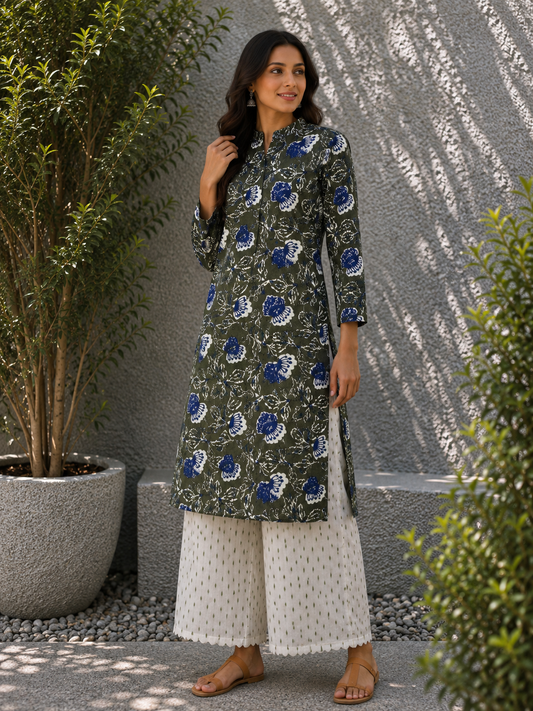 Premium Floral Cotton Suit Set with Textured Plain Bottom